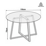 [Tinted] Technical dimension diagram of a round glass dining table with a metal base, showing a diameter of 110cm, height of 75cm, and an 80kg weight capacity icon on a white background.