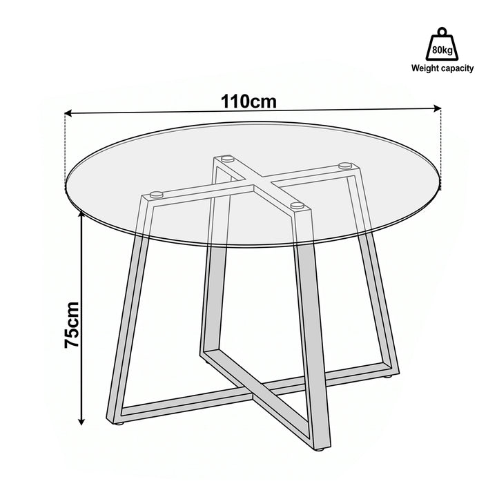 [Tinted] Technical dimension diagram of a round glass dining table with a metal base, showing a diameter of 110cm, height of 75cm, and an 80kg weight capacity icon on a white background.