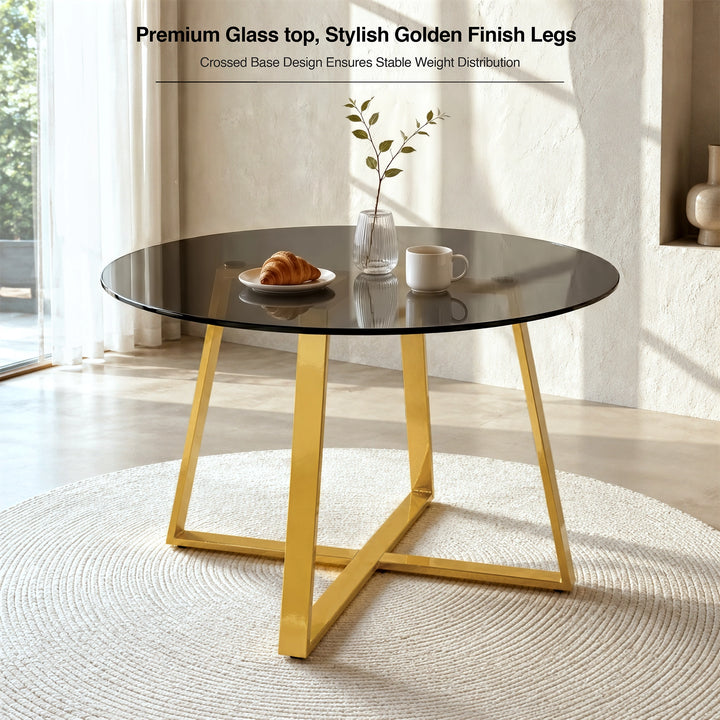 [Tinted] Kyvon 110cm round table graphic with gold legs; text reads "Premium Glass top, Stylish Golden Finish Legs"
