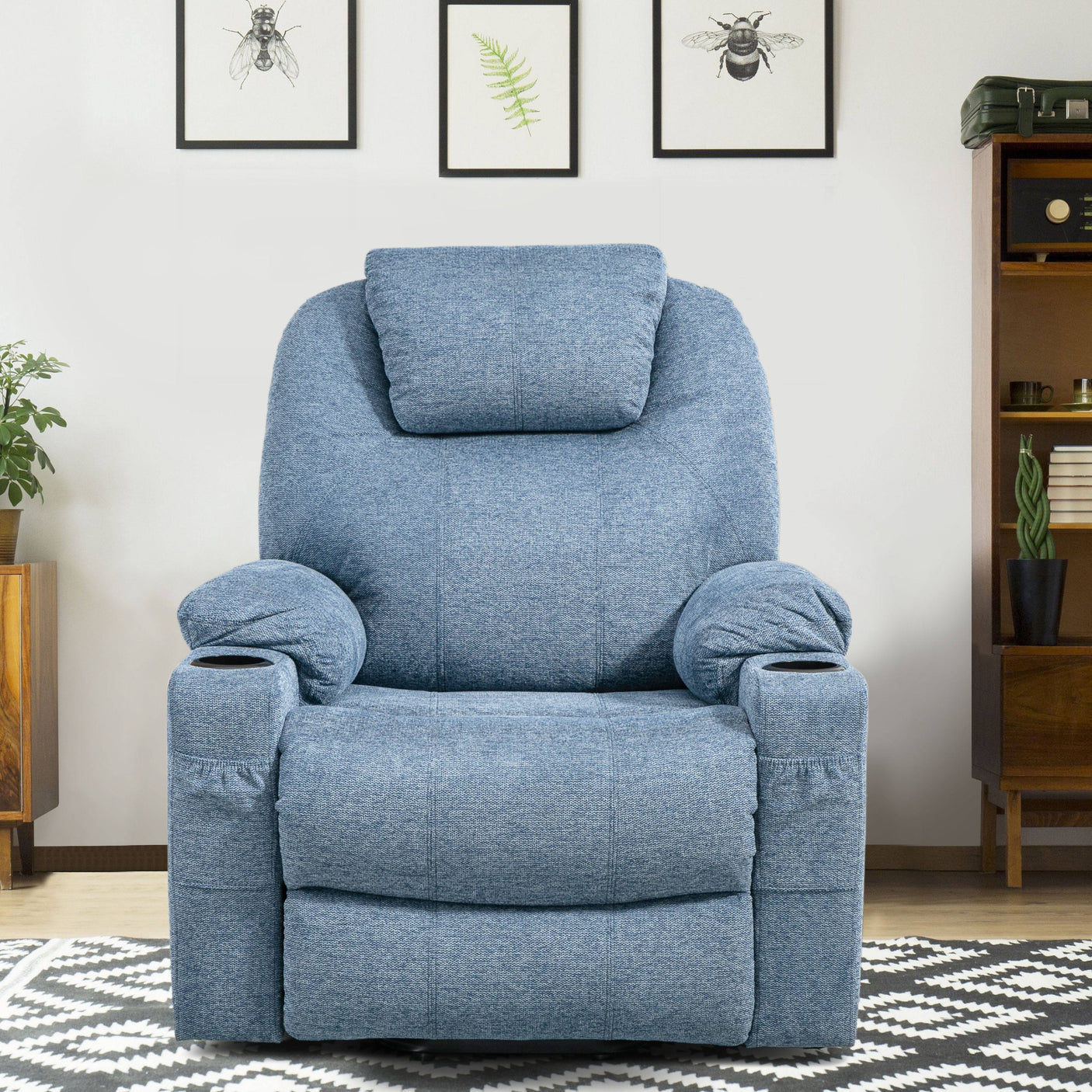 Front view of blue riser recliner chair with plush armrests and headrest, perfect for living room or bedroom use.