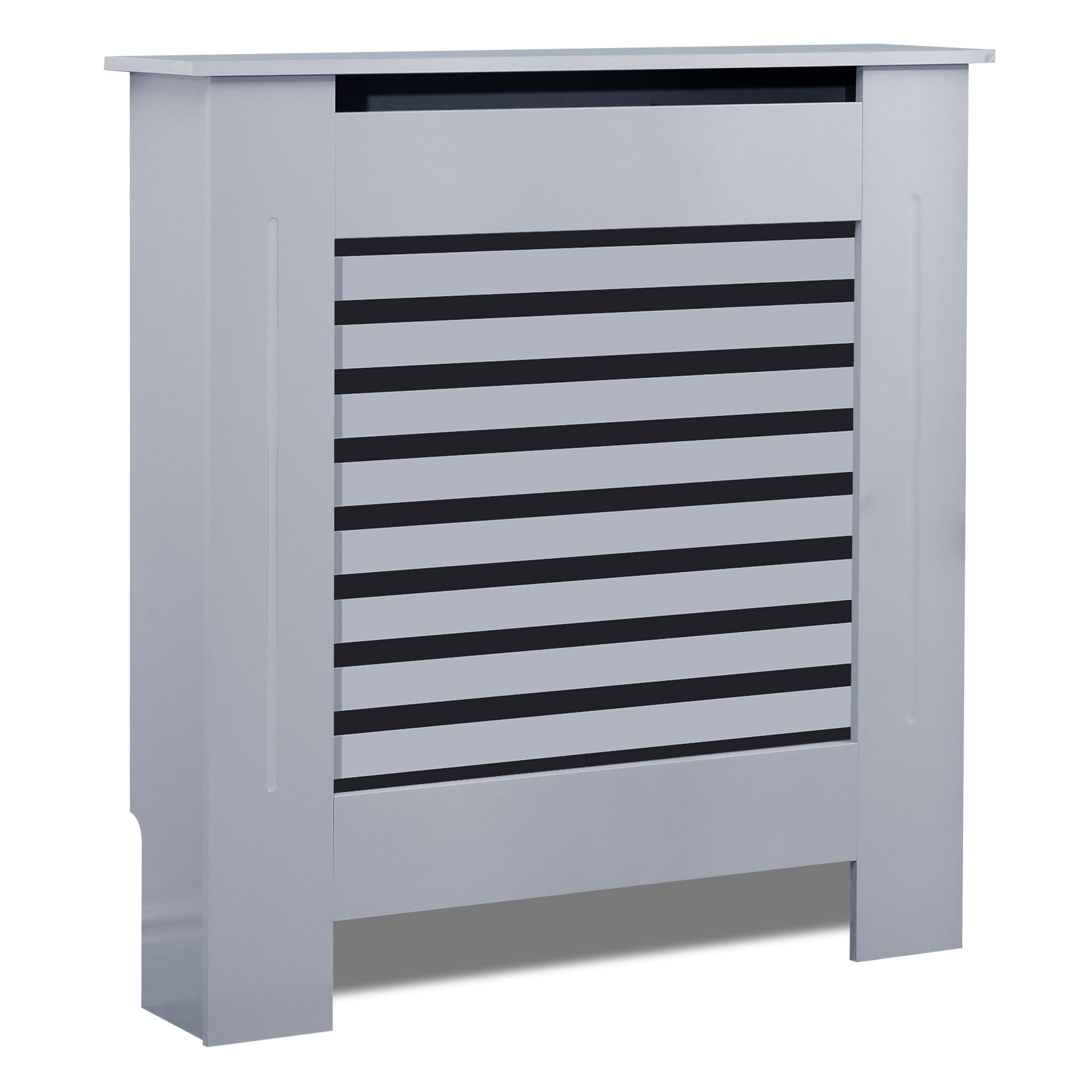 Top cover for radiator in grey with modern slatted design for heating pipes.