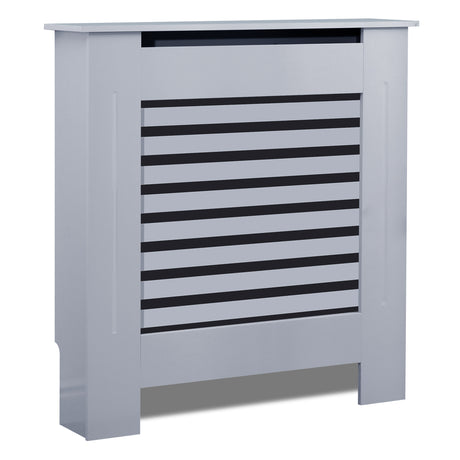 Top cover for radiator in grey with modern slatted design for heating pipes.