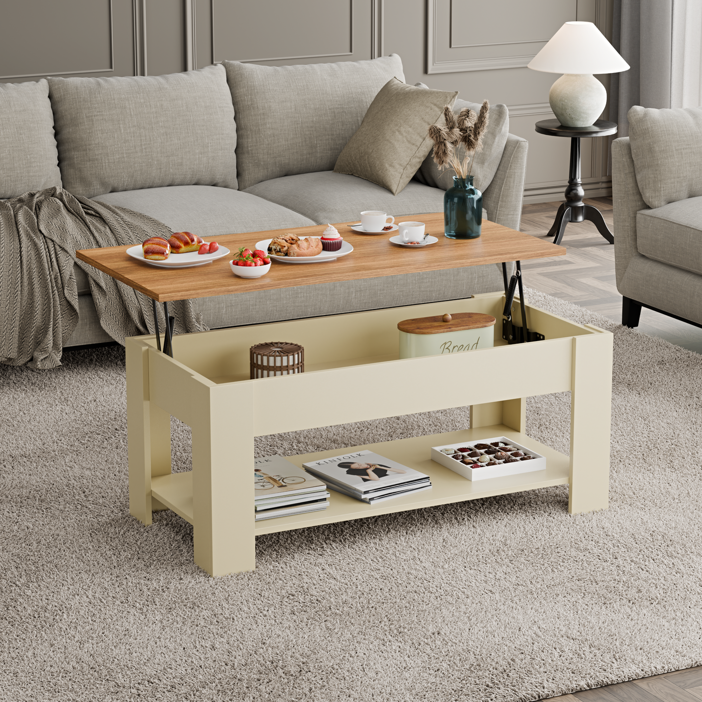 Top lift coffee table with wooden top, hidden storage, and modern living room design.