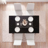 [4 Seater | White] Gloss Black Marble Finish 4-6 Seater Dining Table and Chairs Set top-down look at a four-person setup.