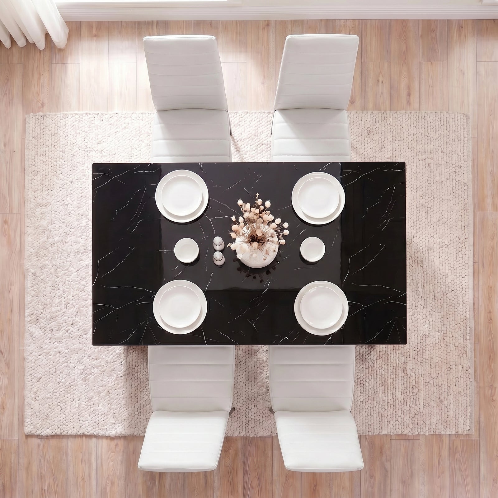 [4 Seater | White] Gloss Black Marble Finish 4-6 Seater Dining Table and Chairs Set top-down look at a four-person setup.