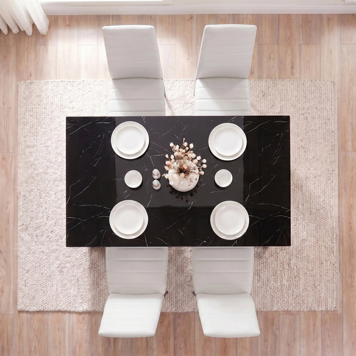 [4 Seater | White] Gloss Black Marble Finish 4-6 Seater Dining Table and Chairs Set top-down look at a four-person setup.