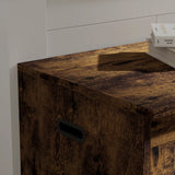 Rustic wooden cabinet with a white box on top against a white wall