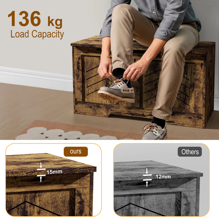 [Rustic] Storage Chest - Wooden Box With Lid For Blankets, Clothes or Toys supports 136kg load, shown used as seating with durable 15mm thick wood.