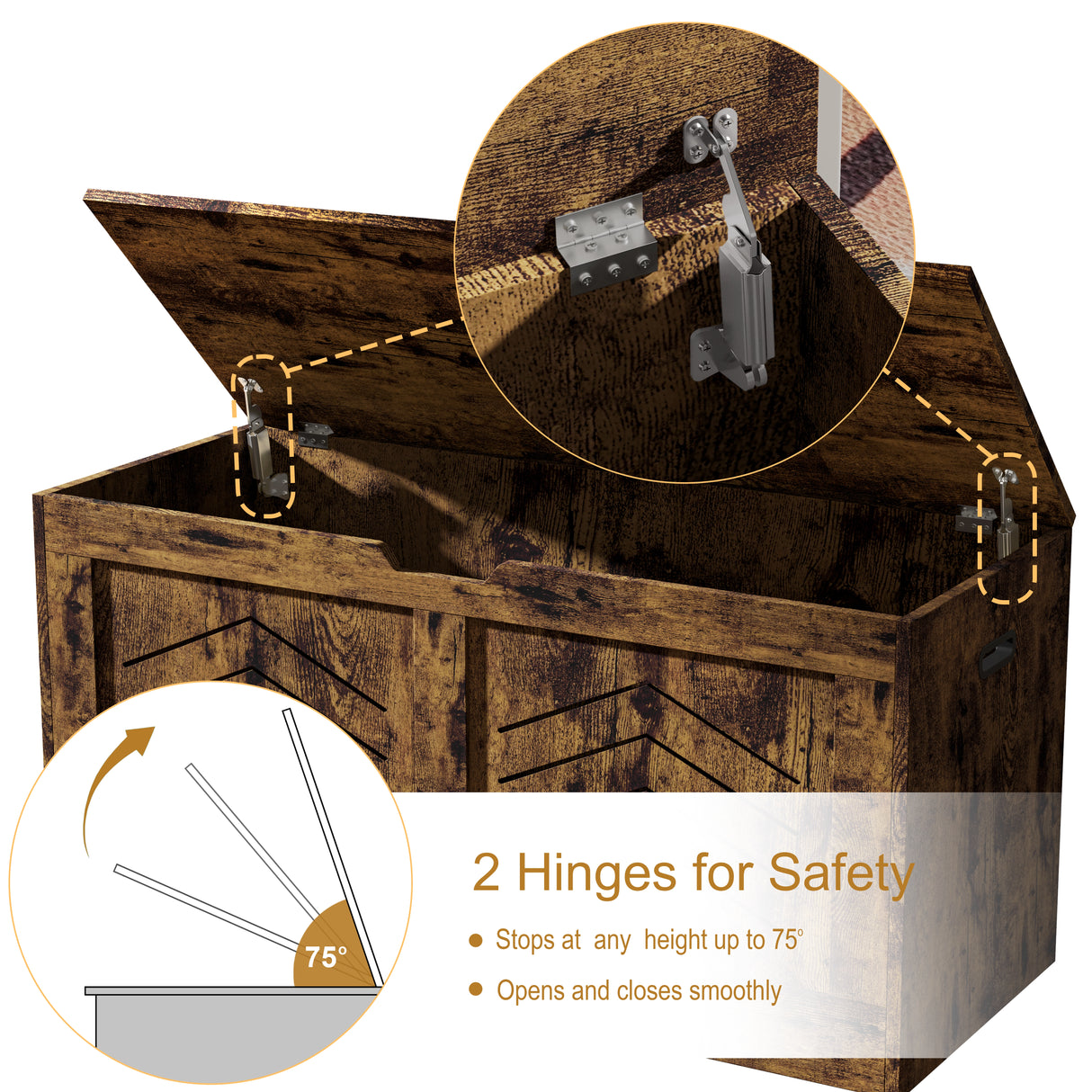 Storage Chest - Wooden Box With Lid For Blankets, Clothes or Toys featuring 2 safety hinges that stop at 75° for smooth, secure opening and closing.
