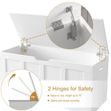 Storage Chest - Shaker Style Blanket or Toy Box With Lid & Safety Hinges shown open with close-up of dual safety hinges that stop at 75° for secure use.