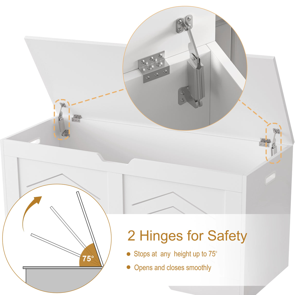 Storage Chest - Wooden Box With Lid For Blankets, Clothes or Toys featuring 2 safety hinges that hold the lid open at any angle up to 75°. Ideal for kids’ rooms.