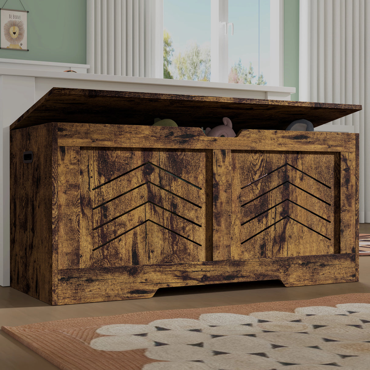 Rustic wooden storage chest with lid, ideal for storing blankets, clothes, or toys in a kids' room or living space. Features arrow design panels.