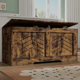 Rustic wooden storage chest with lid, ideal for storing blankets, clothes, or toys in a kids' room or living space. Features arrow design panels.