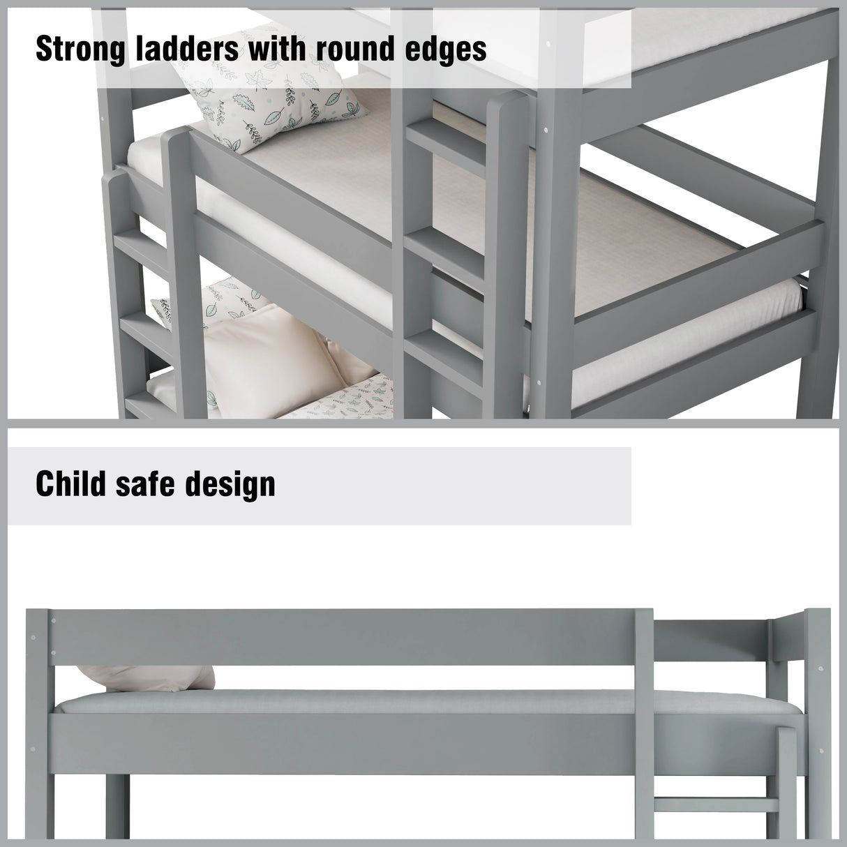 Grey bunk bed with round edges and a child safe design feature.