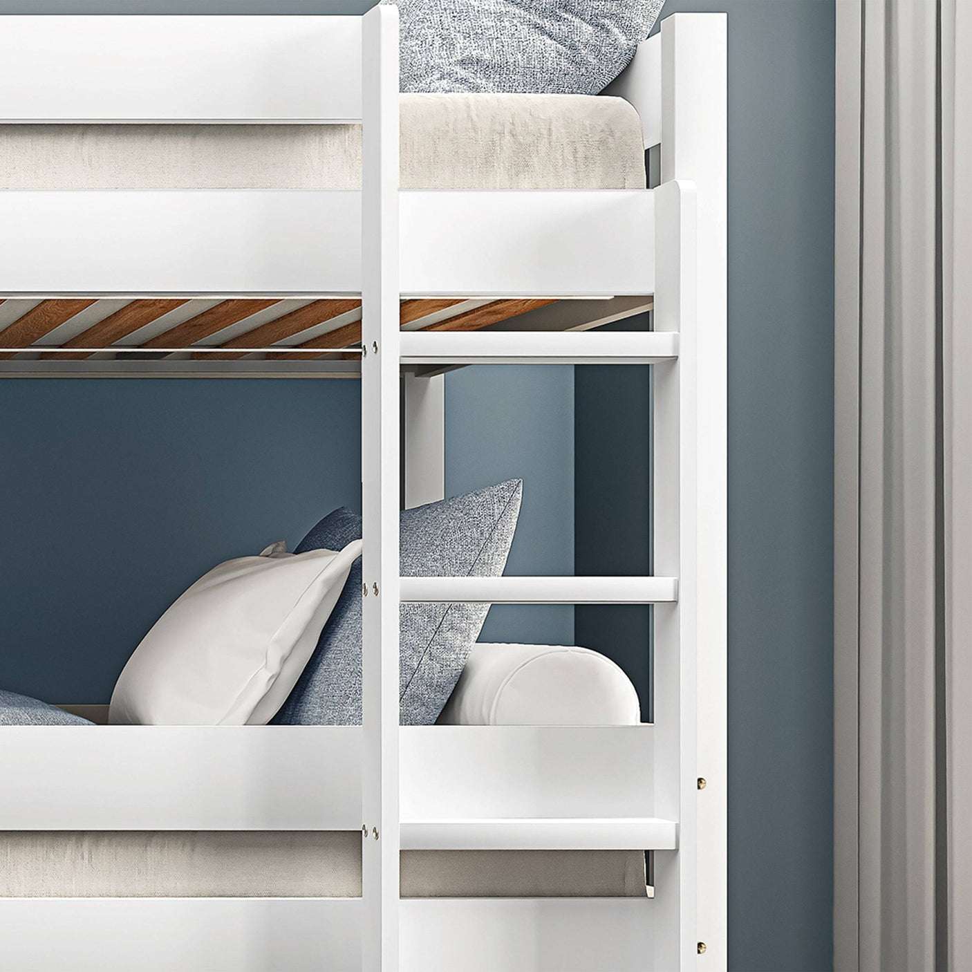 Detail of upper ladder and safety rails on white triple bunk bed, built for secure and convenient climbing.