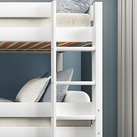 Triple bunk bed with stairs, cushions, and mattresses, providing a cozy and space-saving solution.