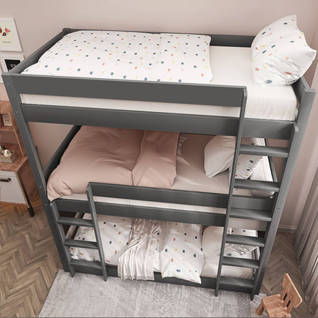 Top view of dark grey triple bunk bed showing vertical sleeping arrangement, great for saving space in kids' rooms.