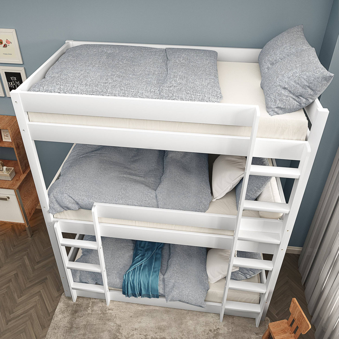 Top-down view of white triple bunk bed with three stacked beds, perfect for maximizing space in children's rooms.