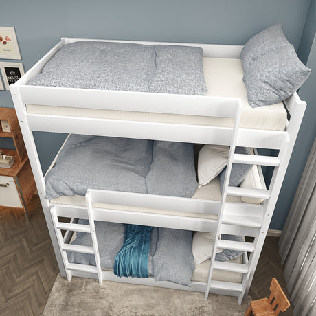 Triple bunk bed with 3 single beds, cushions, mattress, quilt, and stairs for cozy comfort.