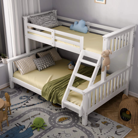[White | Single+Double] Triple bunk bed angled view with right side ladder and toy figures arranged on patterned rug below