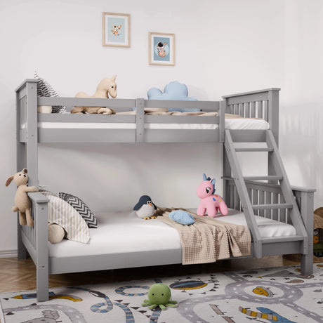 [Grey | Single+Double] Triple bunk bed in painted timber with right-hand ladder rising to single top bunk in kids room