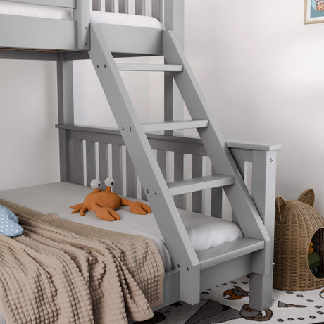 [Grey | Single+Double] Detail of triple bunk bed ladder with crab plush toy on cream bedding of lower double bed