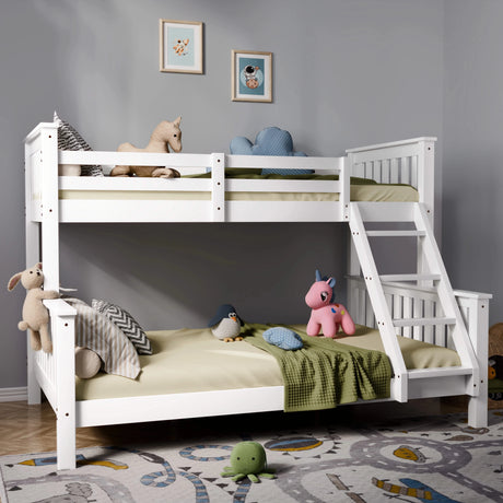 [White | Single+Double] Triple bunk bed shown side-on with single top bunk and double lower bunk against grey wall