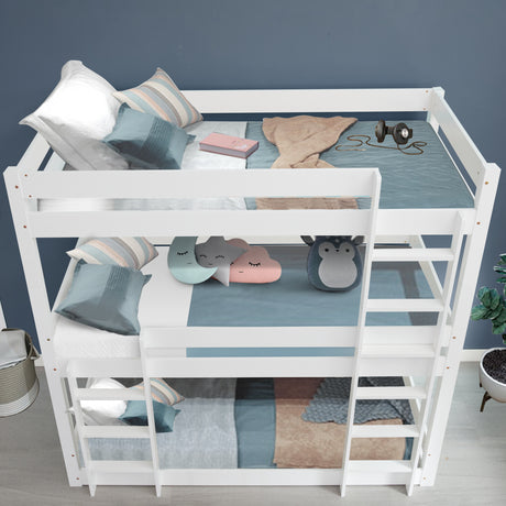 White triple bunk bed, perfect for maximizing sleeping space in shared rooms or dorms.