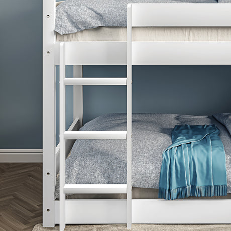 Triple bunk bed with stairs, offering a space-saving design and comfortable sleeping solution.