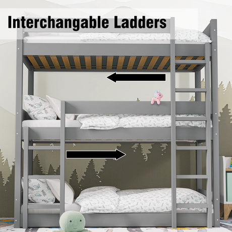 grey triple bunk bed in a room setting showing the interchangeable ladders feature on both sides of the frame