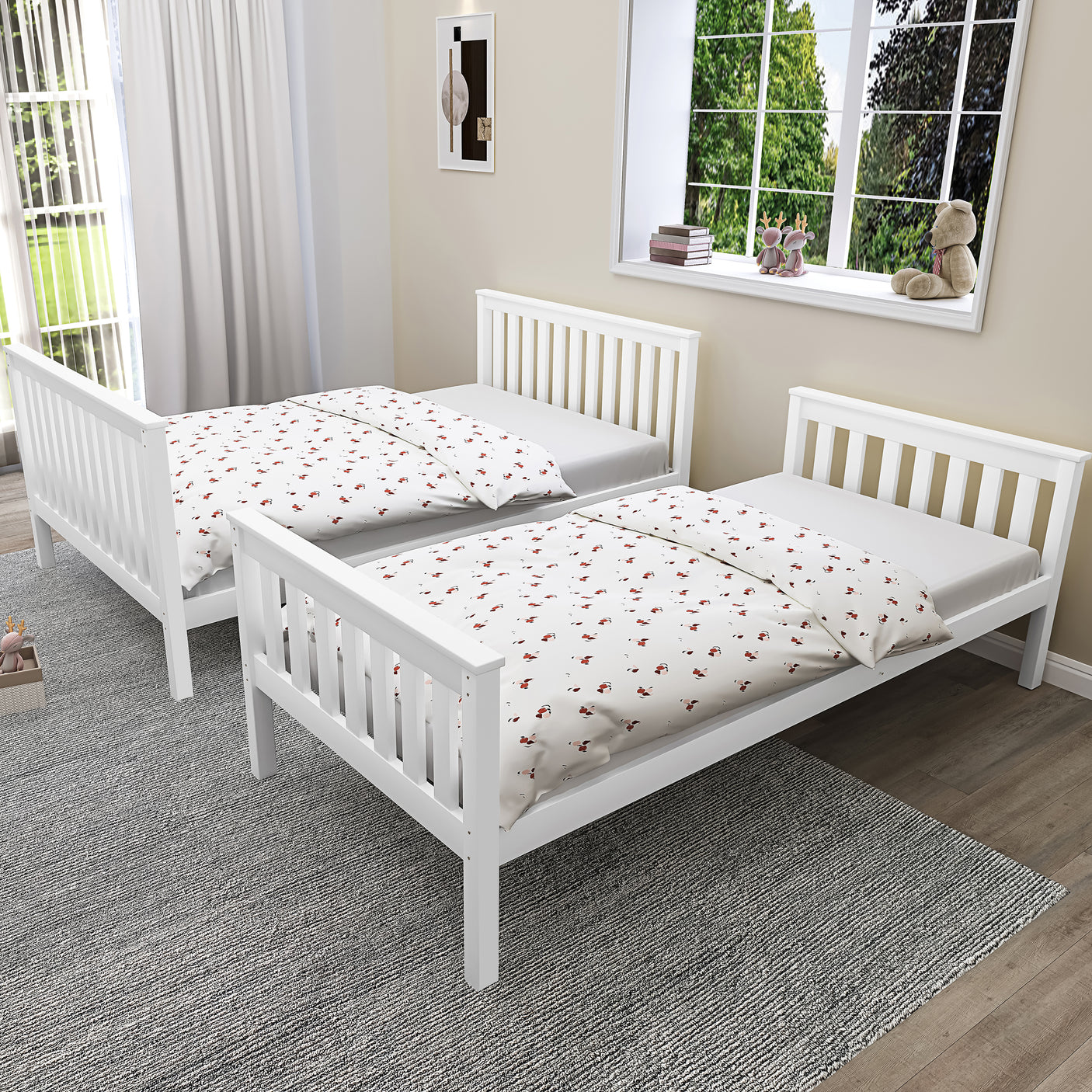 White wooden bunk beds separated into two single beds, showcasing convertible design of triple bunk bed for kids.