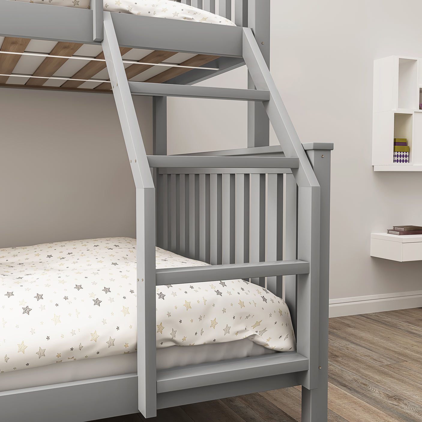 Detail of angled ladder on grey triple bunk bed for kids, designed for safe climbing and modern bedroom aesthetics.