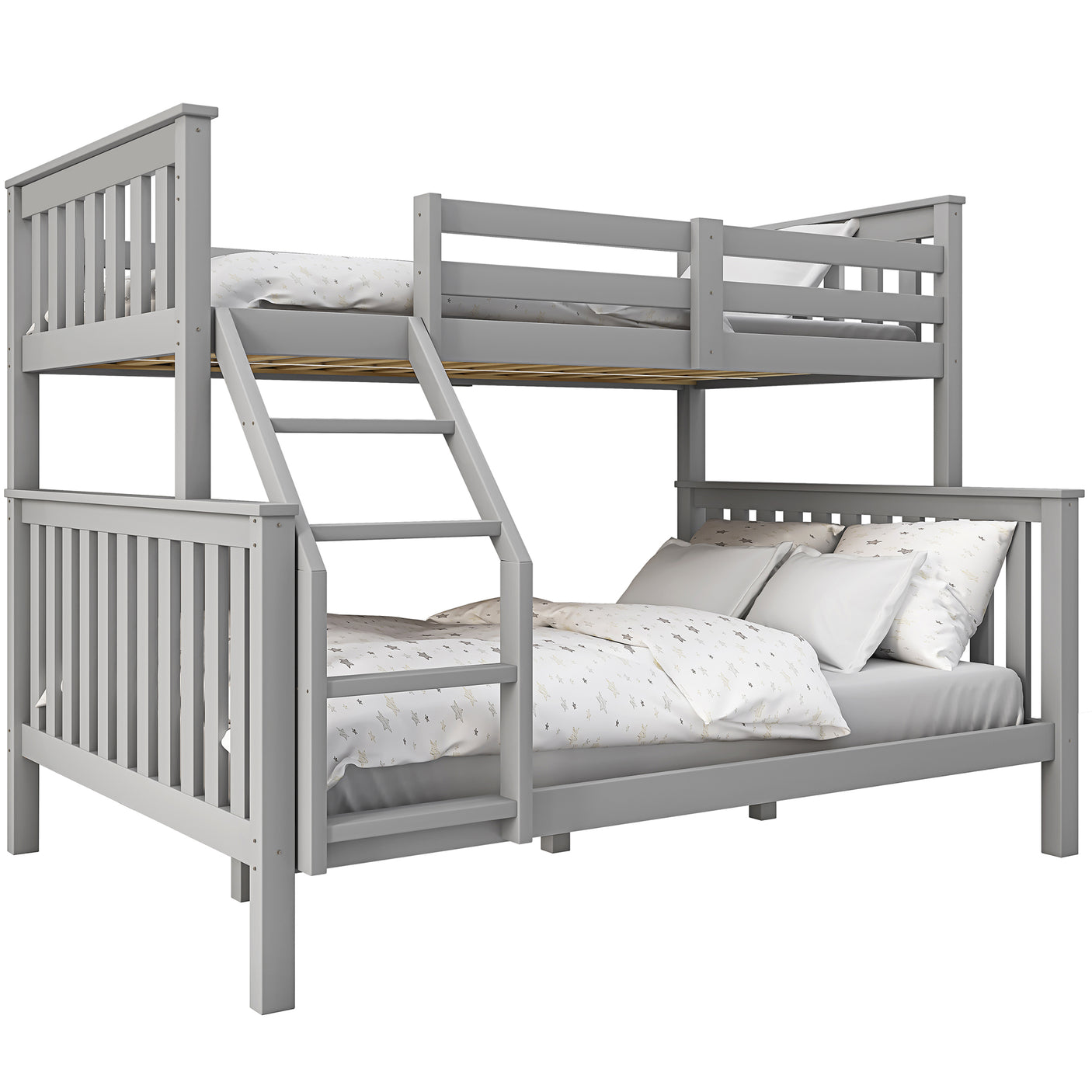 Grey triple sleeper bunk bed with double bottom and single top, ideal for kids' shared rooms and compact living spaces.