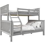Grey triple sleeper bunk bed with double bottom and single top, ideal for kids' shared rooms and compact living spaces.