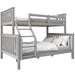 Grey triple sleeper bunk bed with double bottom and single top, ideal for kids' shared rooms and compact living spaces.