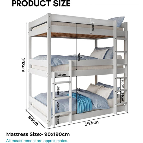 triple full size bunk bed 198cm x 96cm x 197cm, offering a space-saving and stylish design.