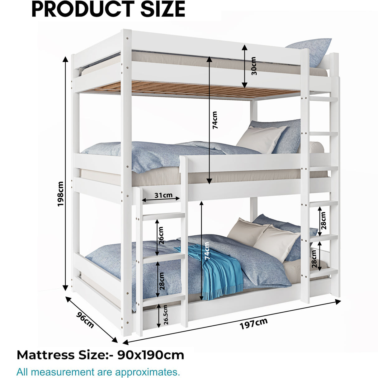Product dimensions for white triple bunk bed, showing mattress size and ladder spacing for kids' room planning.