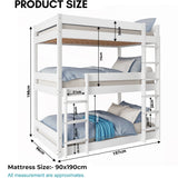 Product dimensions for white triple bunk bed, showing mattress size and ladder spacing for kids' room planning.
