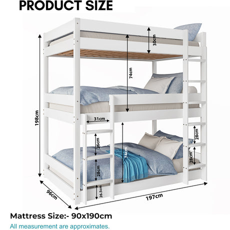 Product dimensions for white triple bunk bed, showing mattress size and ladder spacing for kids' room planning.