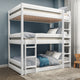 White triple single bunk bed with cushions and stairs, offering a stylish and space-saving design.