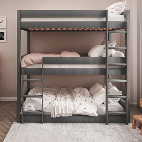 Triple sleeper bunk bed UK with mattress and cushions, offering comfort and space-saving design.