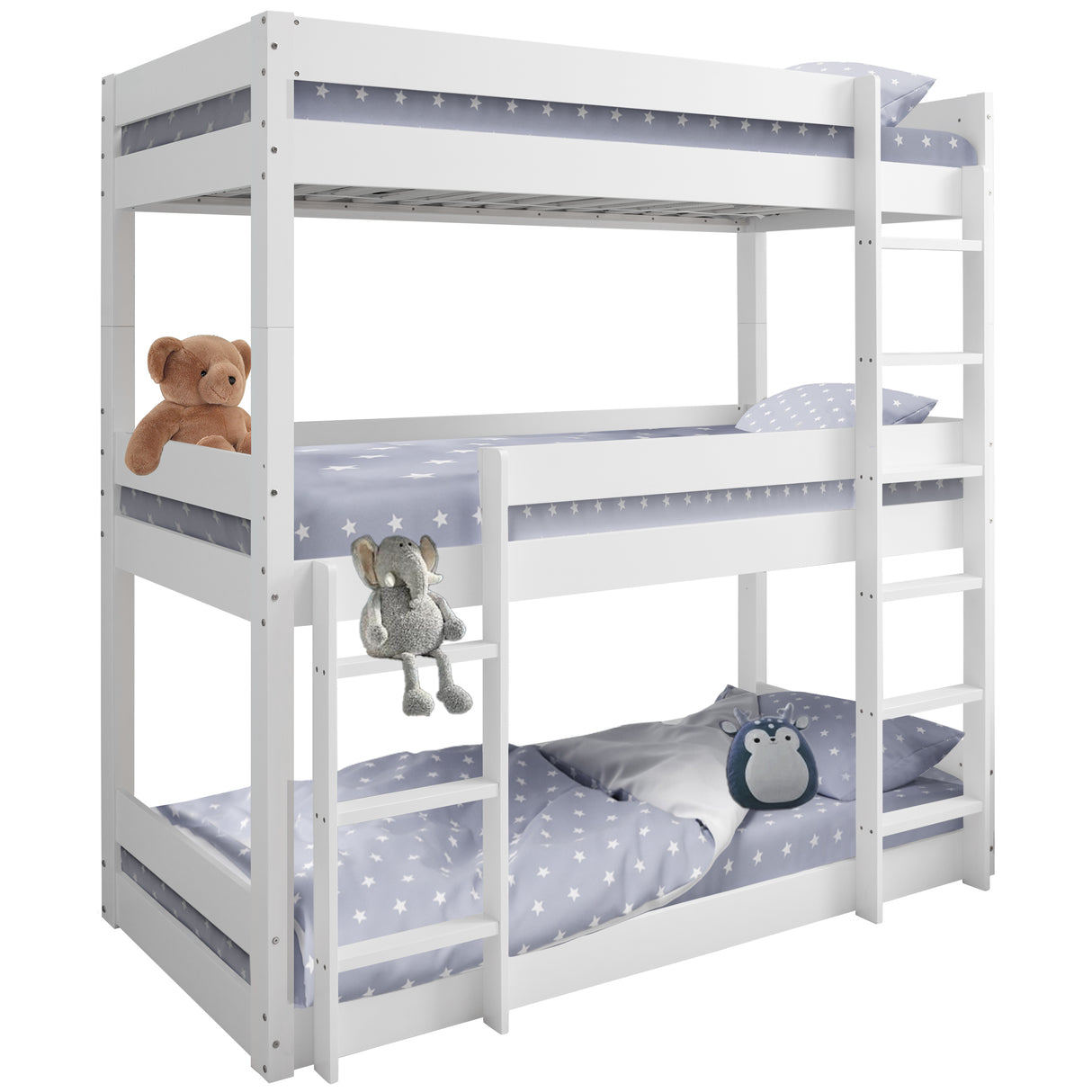 Triple sleeper bunk bed with a sleek white finish, ideal for maximizing sleeping space.