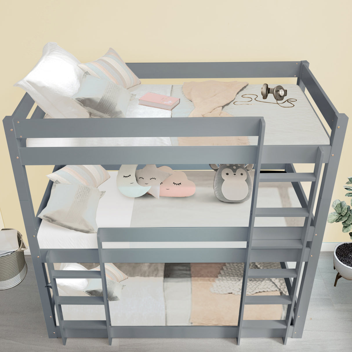 Tripple bunk bed, designed for maximizing space and providing comfortable sleeping for children.