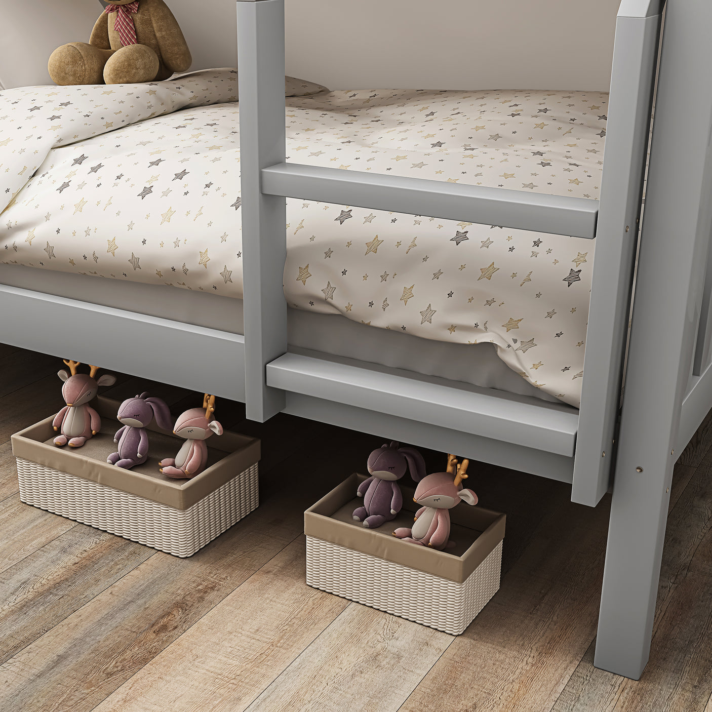 Close-up of under-bed storage space beneath grey bunk bed, with toy baskets for organized kids' room storage.