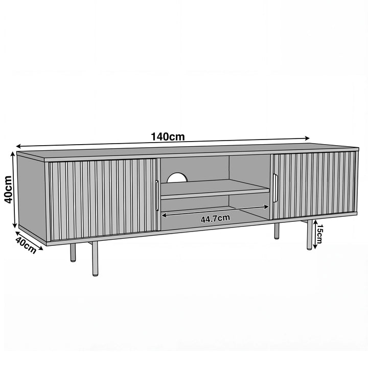 [White] White Flutrina TV unit dimensions diagram: 140cm wide, 40cm deep, 40cm body plus 15cm legs, centre opening 44.7cm