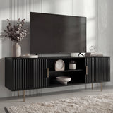 Black TV cabinet featuring dual fluted doors and open middle shelving for sleek living room media storage.