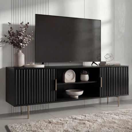 Black TV cabinet featuring dual fluted doors and open middle shelving for sleek living room media storage.