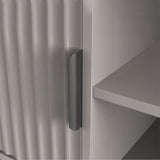 Front view of a grey TV entertainment unit with textured vertical slats, open shelving, and grey handle.