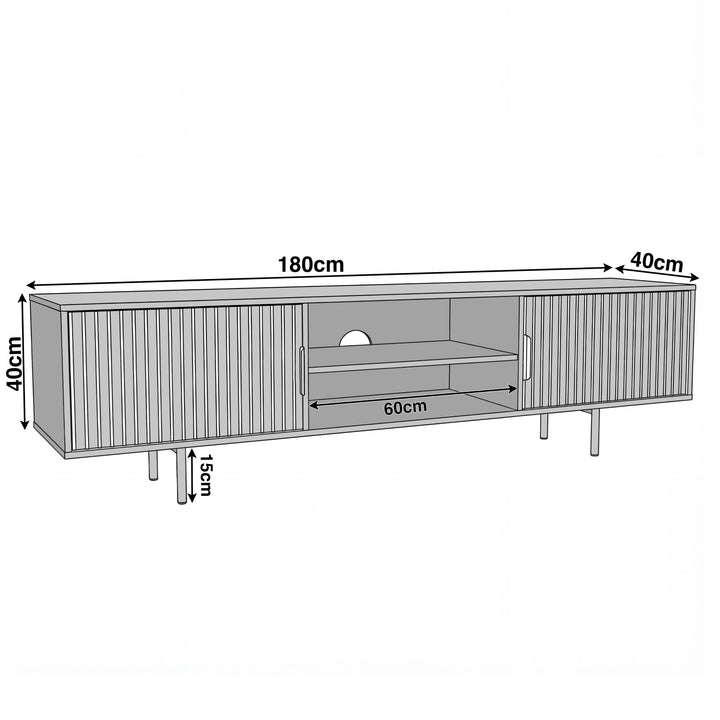 [Black] Black Flutrina TV unit dimensions: H40 x D40 x W180cm with central 60cm shelf opening and 15cm leg height.
