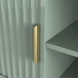 Front view of a sage green TV stand with vertical fluted doors, open shelves, and golden handle for modern media storage.